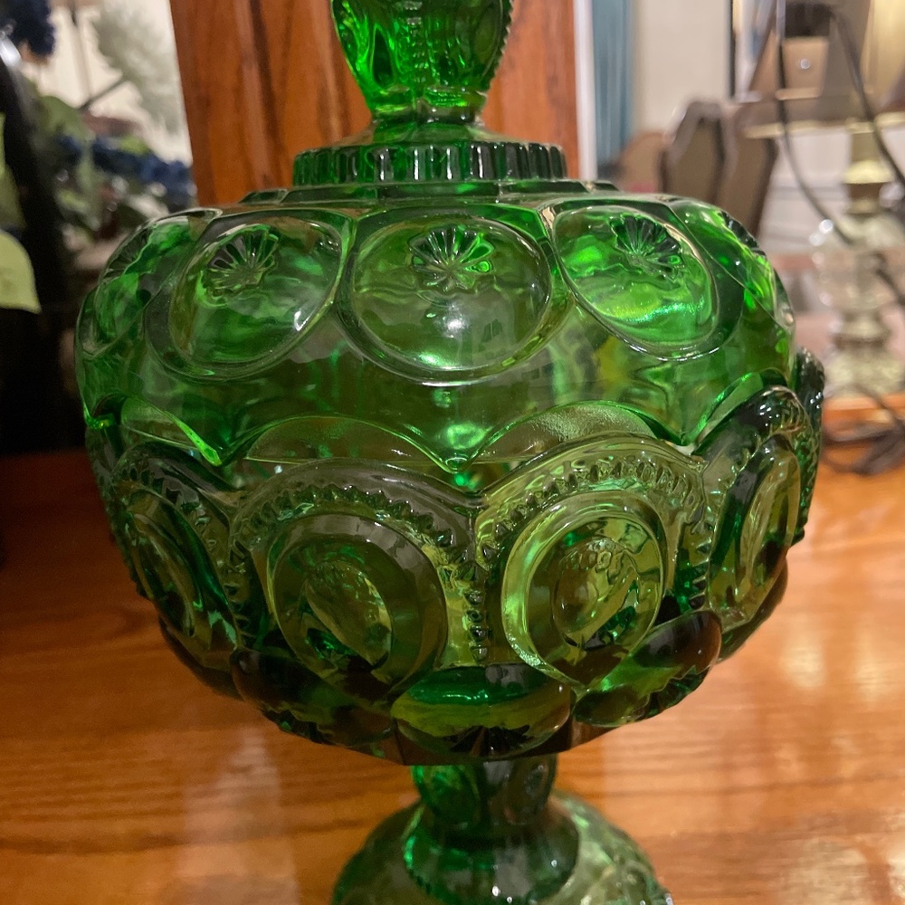 Green Penny glass candy dish